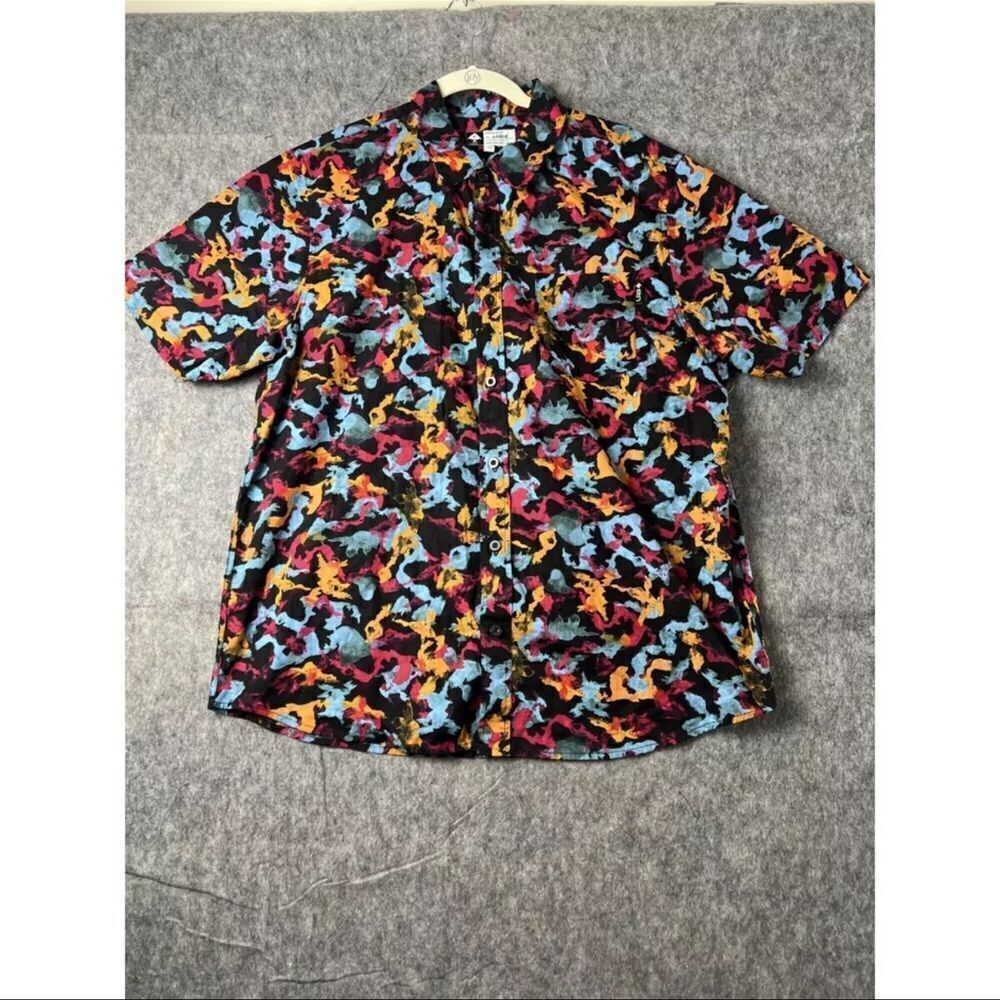 LRG Lifted Research Group Shirt Mens Large Black Abstract Short Sleeve Button-Up
